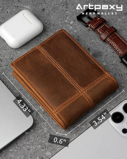 Artpaxy Mens Wallet Bifold Genuine Leather RFID Blocking Wallet for Men with 1 ID Window 13 Card Holders 2 cash pockets 1 Gift Box
