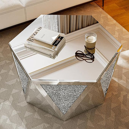 IKIFLY Mirrored Coffee Table with Crushed Diamond, Luxury Hexagon Silver Coffee Table, Living Room Table for Art Deco Office
