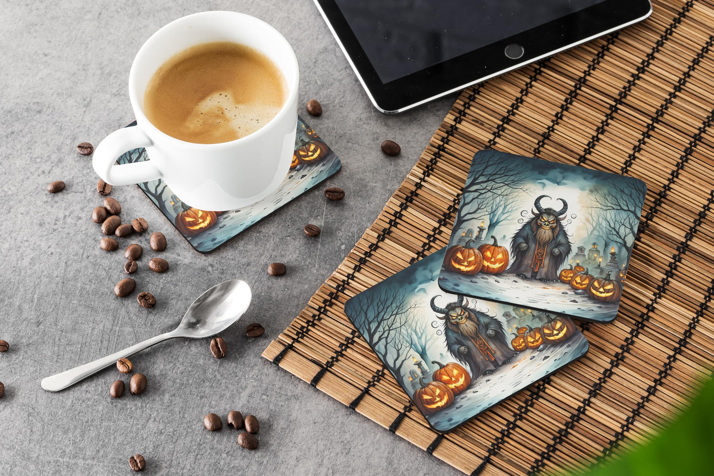 Caroline's Treasures Krampus The Christmas Demon Spooky Halloween Foam Coaster Set of 4 Cup Coasters for Indoor and Outdoor, Coaster for Tabletop Protection, Anti Slip, Mouse pad Material