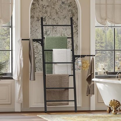 Metal Blanket Ladder, 7-Tier Towel Rack with Ajustable Side Rack, Blanket Rack Stand for Living Room, Bathroom, Quilt Display Ladder Shelf, Farmhouse Black