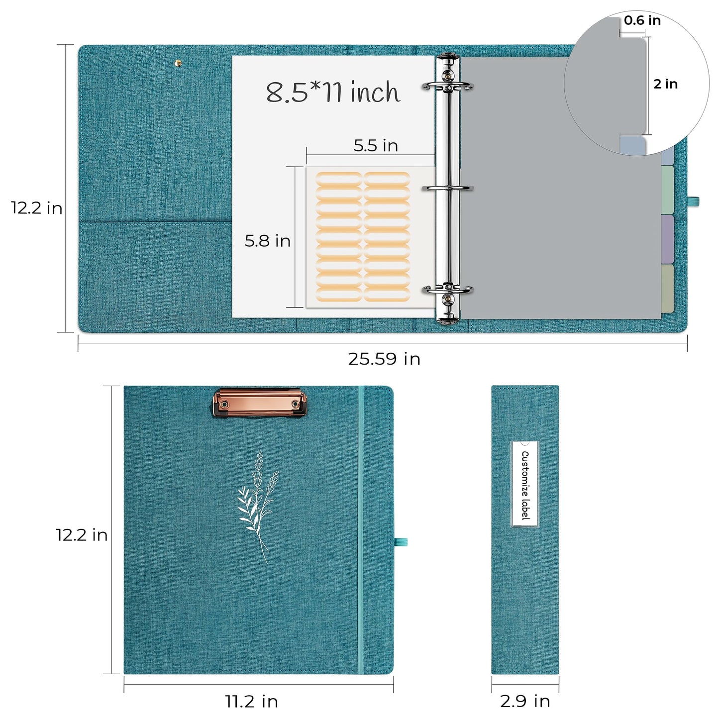 EYROZILL 3 Ring Binder 2 Inch, Binder for Letter Size (11" x 8.5") with 5 Tab Dividers, File Folder Labels and Low Profile Clipboards, Lavender Blue