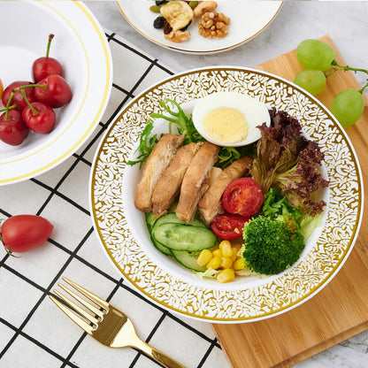 JOLLY PARTY 60 Disposable Gold Plastic Dessert Bowls, 12 oz Soup Bowls, Lace Christmas Thanksgiving Trim, Premium Heavy Duty Plastic Bowl for Wedding/Party (Gold)
