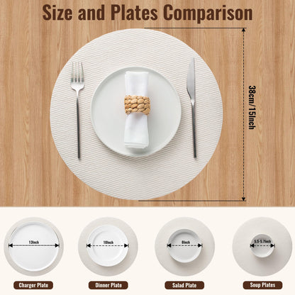 Jovono 15" Faux Leather Big Round Placemats Set of 4 - Washable Heat Resistant Non-Slip Dining Table Mats with Fabric Texture for Kitchen Home Party Decor, White