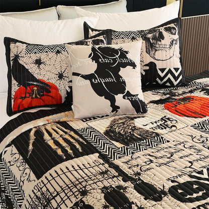 Halloween Quilt Set Queen Size,Black Orange Reversible Quilt Bedding Set 4PCS,Cat Pumpkin Spider Festival Themed Bedspread Full,Decorative Bedding Coverlet with 3 Pillow Shams(Orange&Black,90"x90")