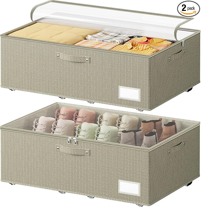 Dayacoco Under Bed Storage With Wheels,10 Inches Under Bed Storage Containers,65L Large Capacity,No Assembly Required Rolling Under Bed Storage for Clothes,Blankets,Shoes,Beige