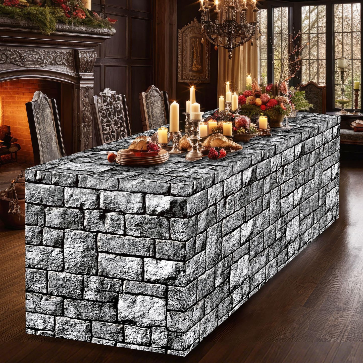 6Ft Medieval Brick Stone Wall Tablecloth Cobblestone Birthday Table Covers Decoration Castle Washable Fabric Polyester Rectangle Stone Table Cover for Halloween Knight Western Party Favors