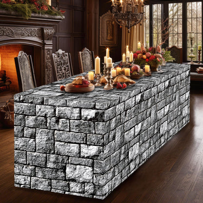 6Ft Medieval Brick Stone Wall Tablecloth Cobblestone Birthday Table Covers Decoration Castle Washable Fabric Polyester Rectangle Stone Table Cover for Halloween Knight Western Party Favors