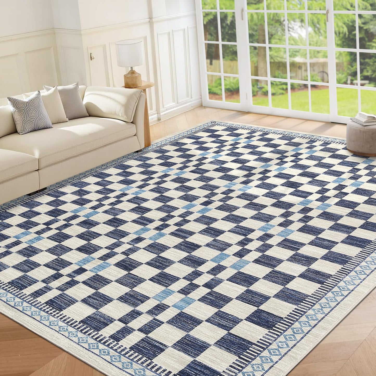 GarveeHome 5x7 Area Rug for Baby Room Non-Slip Low Pile Stain-Resistant Living Room Carpet Modern Abstract Checkered Dining Rugs No-Shedding Machine Washable Area Rug for Dorm Home Office Bedroom Blue
