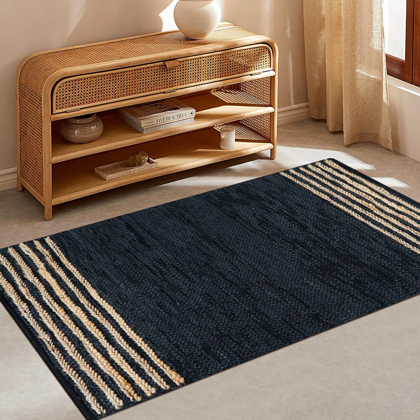 RIANGI Leather/Jute Rug 3'x5' Ft Rectangular Boho Handwoven Farmhouse Braided Rustic Vintage Black Area Rug for Living Room Kitchen Bedroom Hallways Enterways