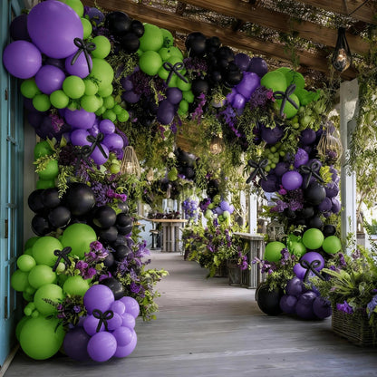 Black Purple Balloon Garland Arch Kit, Double Stuffed Purple Black Balloons Lime Green Lavender Balloon Arch for Wedding Birthday Baby Shower Gothic Wednesday Party Decorations