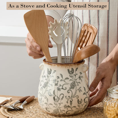 Utensil Holder for Kitchen Counter, Modern Farmhouse Rustic Cooking Utensil Holder and Crock, Exquisite Chinoiserie Floral Ceramic Utensil Organizer for Home Kitchen Decor- Gray Flower Patterns