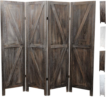 Premium Home 4-Panel Room Divider – Rustic Brown Barn Door, K Pattern Folding Privacy Screen, Partition Wall