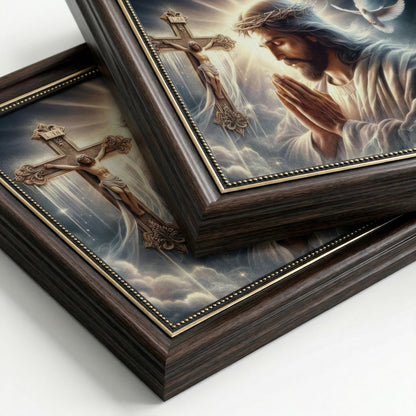 Dark Brown Framed Jesus Praying Canvas Wall Art Good Friday Wall Decor Picture Christian The Cross Carrier Pigeon Poster Print Painting for Church Prayer Room Living Room Bedroom Home Decoration
