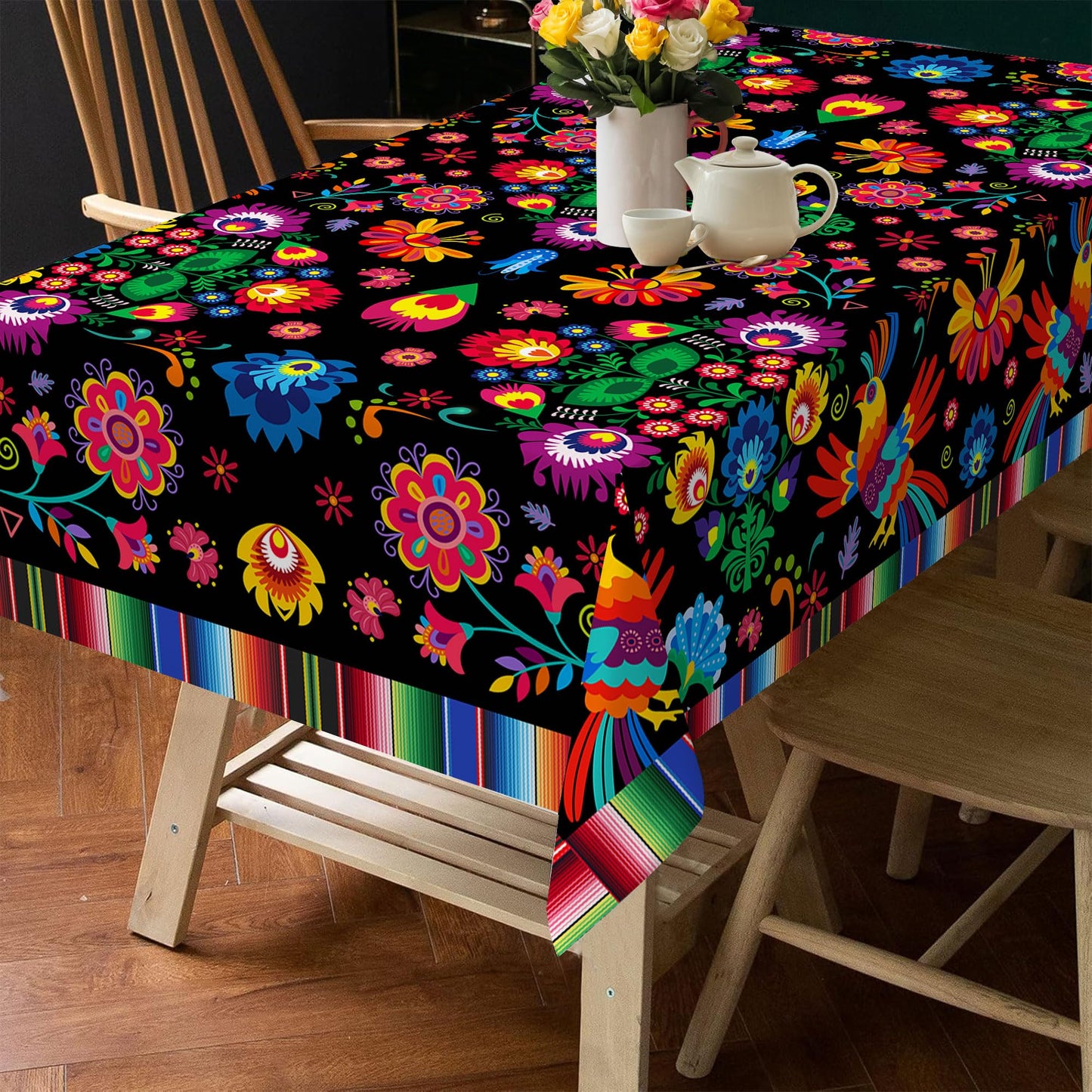Hexagram Mexican Tablecloth 54x78 Inches Rectangle Halloween Cinco De Mayo Fiesta Waterproof Table Cloth for Home Party Dinner Decorations Black