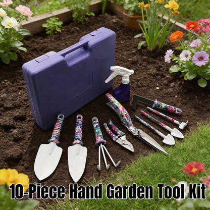 10-Piece Garden Tools Set - Heavy Duty Hand Gardening Kit: Shovel, Pruners, Trowel, Rake for Plant Care, Bonsai Trimming, Weeding & Yard Work (Purple)