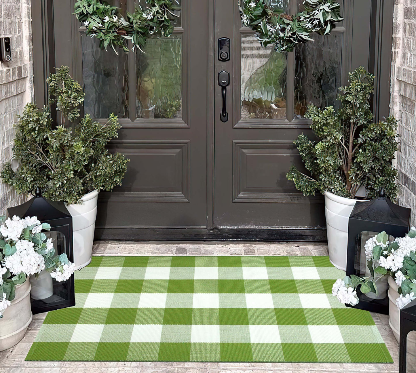 Green and White Outdoor Rug 27.5''X 43.3'' Buffalo Checked Porch Rug Cotton Woven Washable Layering Door Mat for Welcome Door Mat Porch Entryway Bedroom Living Room