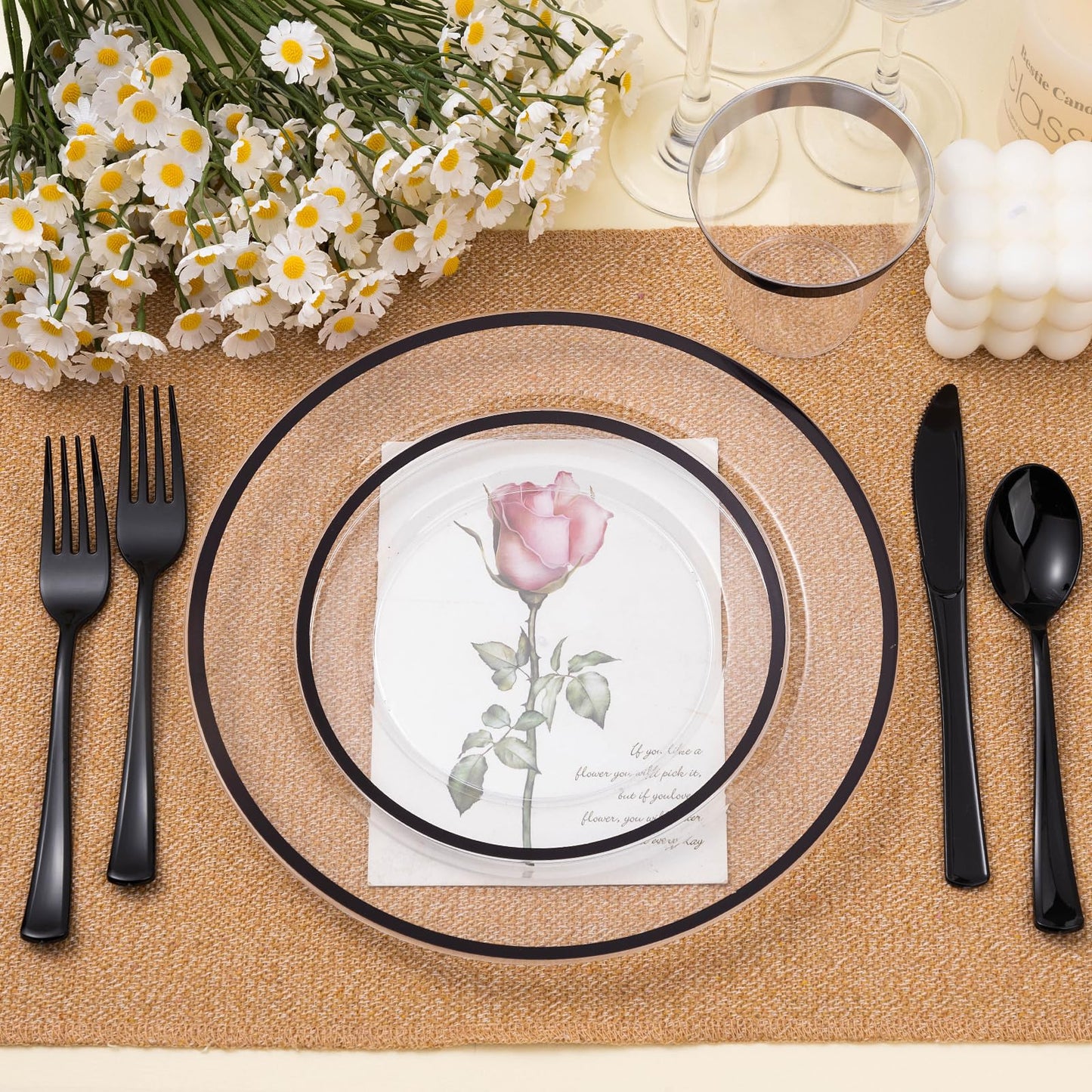 BESTSTAR 200PCS Black and Clear Plastic Plate, Black Disposable Plate Set with 100 Dinner Halloween Plates and 100 Dessert Plates for Party