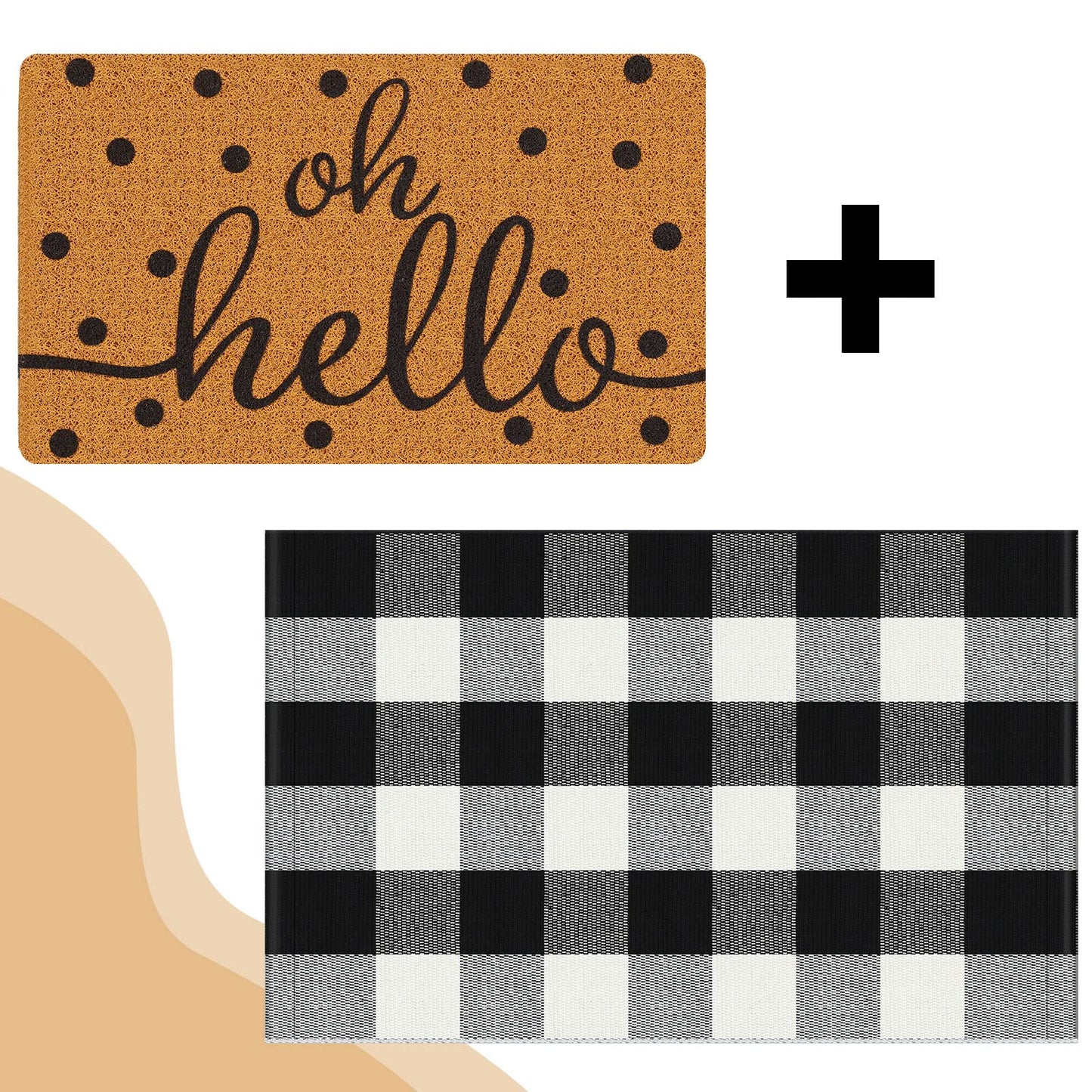 Gaybot 2 Pcs Front Door Mat Buffalo Outdoor Rug Oh Hello Doormat Decor Coir Mat Nonslip Porch Checkered Layered Front Door Rug Rustic Farmhouse Mats Entryway(Black Dot,23.6 x 35.4 Inch)