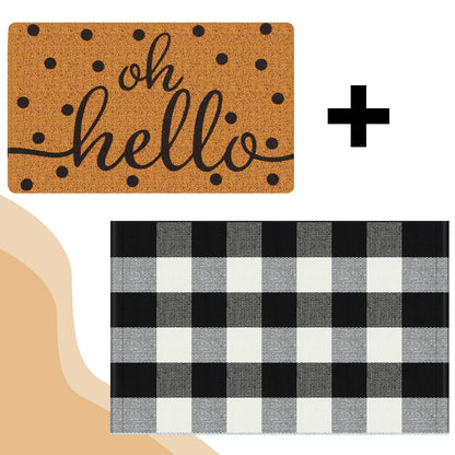 Gaybot 2 Pcs Front Door Mat Buffalo Outdoor Rug Oh Hello Doormat Decor Coir Mat Nonslip Porch Checkered Layered Front Door Rug Rustic Farmhouse Mats Entryway(Black Dot,23.6 x 35.4 Inch)