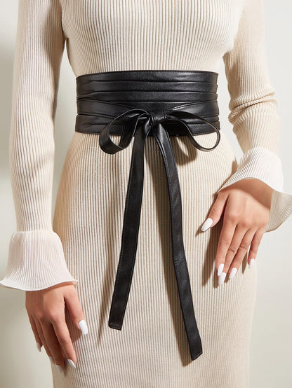 Fuimsul Women Elegant Pu Leather Obi Belt Fashion Solid Color Faux Leather Wide Waistband Tie Knotted Belt for Dress (Black)