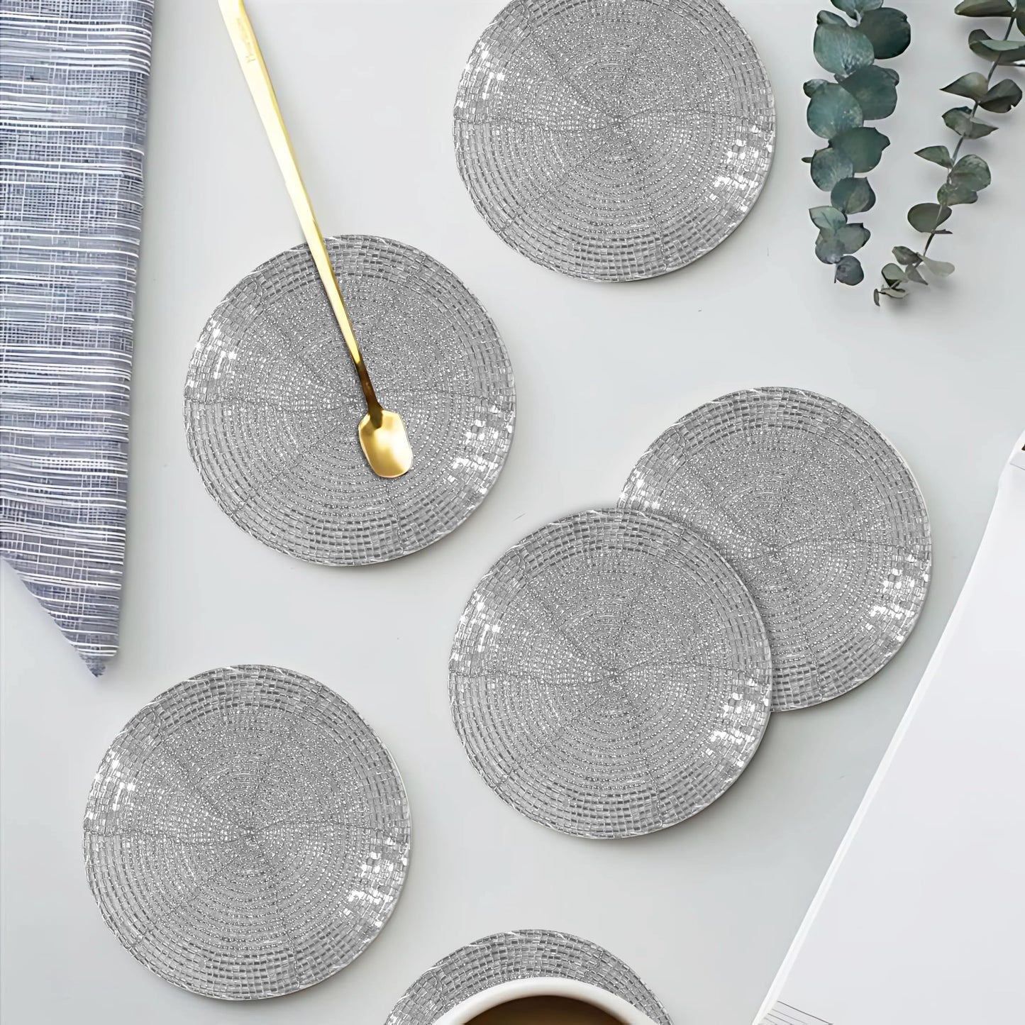 Silver Coasters Set of 4,Handmade Beaded Bar Drink Tabletop Protection Coasters - Halloween Harvest Autumn Fall Thanksgiving Holiday Christmas Xmas Celebration Festive Party 4" Round - Silver