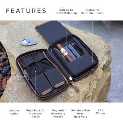 CASE ELEGANCE Klaro Travel Leather Cigar Case, 5 Cigar Storage, 2 Accessory Pockets, Humidification Pocket, Internal Hard-Shell Protection - Brown