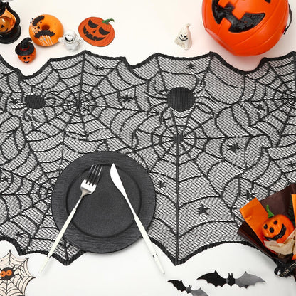 DTOFOOT 4 Pack Halloween Table Runner, 18 x 72 Inch Black Lace Spider Web Table Runner for Halloween Decorations Gothic Cobweb Tablecloth for Dining Table Fireplace Mantel Party Decor