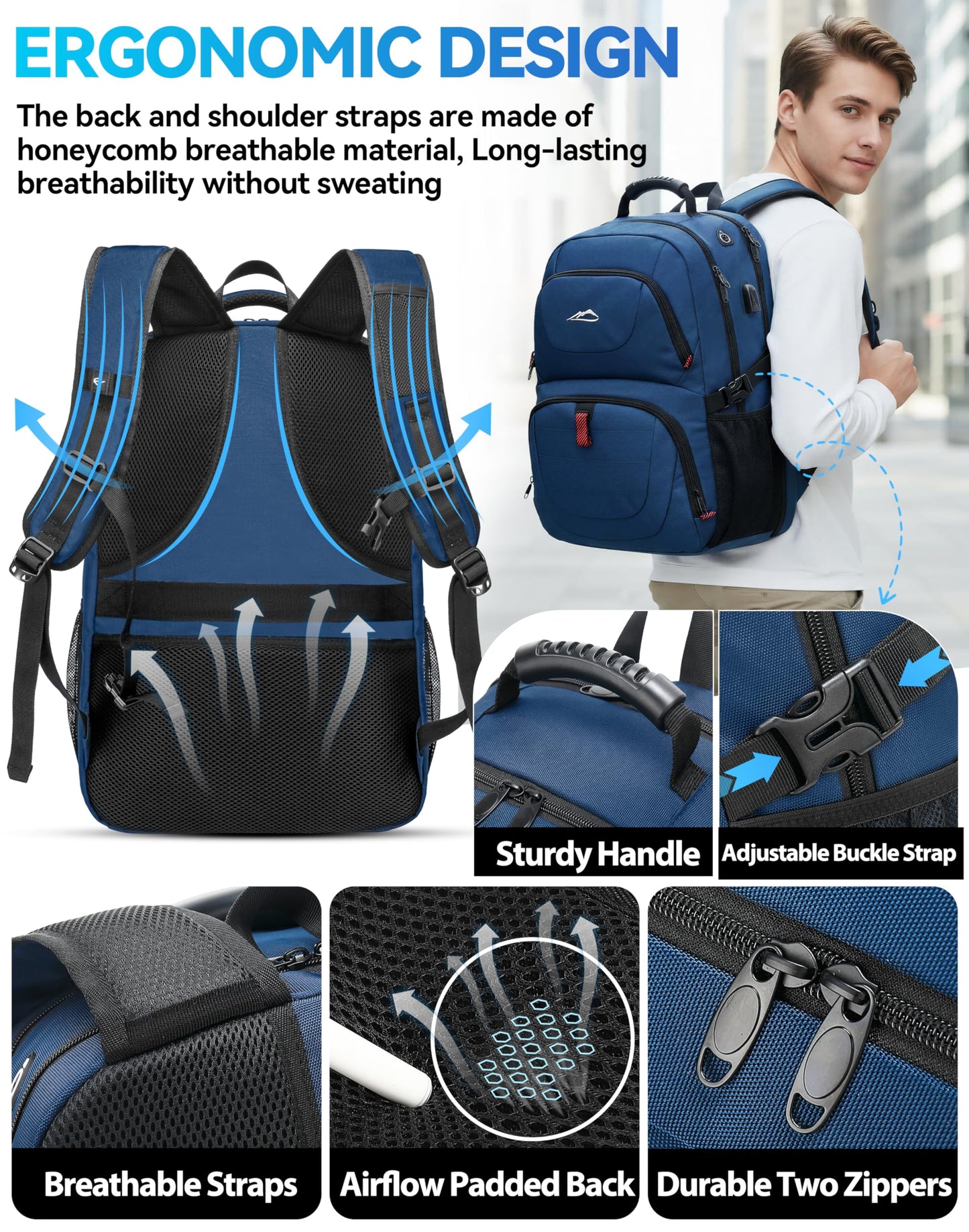 ProEtrade Travel Backpack, Extra Large Laptop Backpack Business Anti Theft TSA Approved College Work Computer Bag Fits 17 Inch Laptop with USB Charging Port for Women Men(Blue)