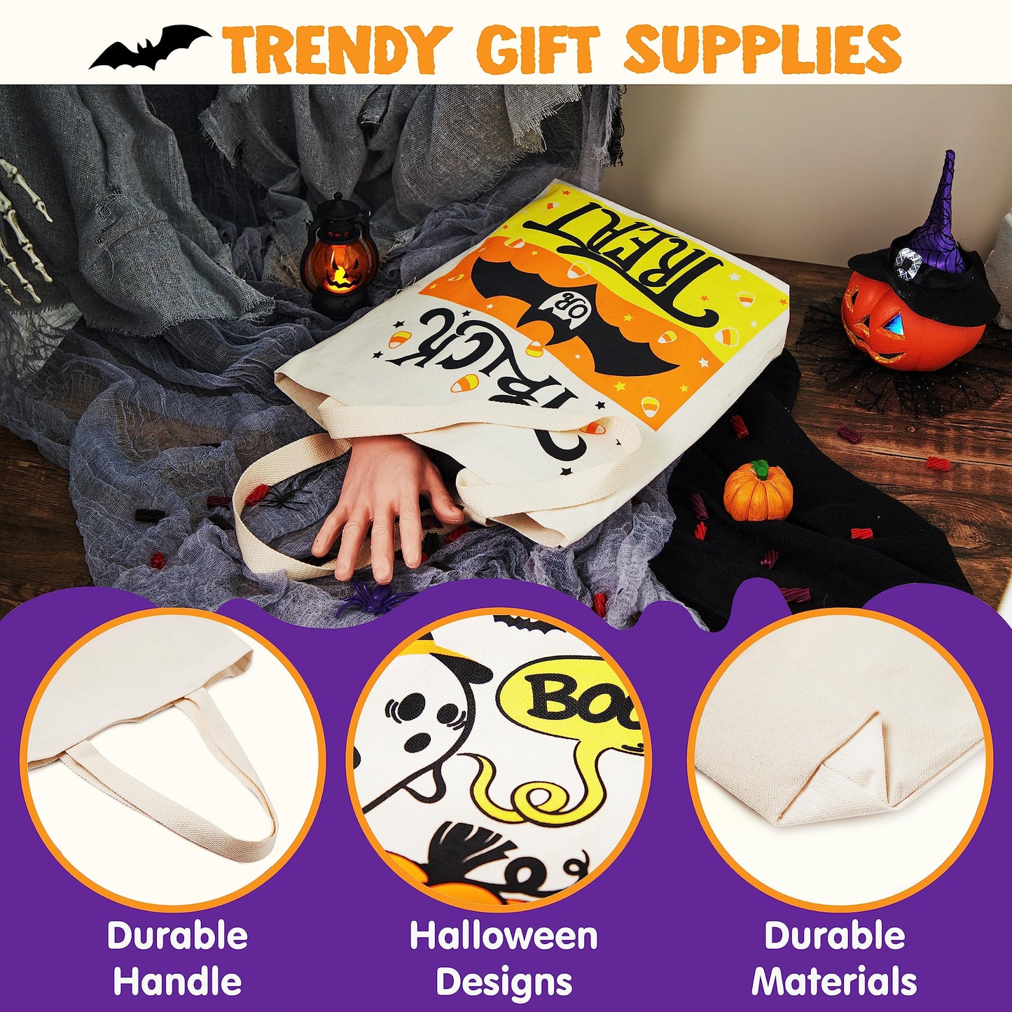 JOYIN 3PCS 13.75” Large Halloween Tote Treat Bags for Trick or Treating, Halloween Goodie Candy Bags, Reusable White Canvas Gift Bag for Kids Party Favor Supplies, Snack Grocery Tote with Handles
