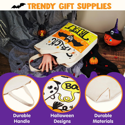JOYIN 3PCS 13.75” Large Halloween Tote Treat Bags for Trick or Treating, Halloween Goodie Candy Bags, Reusable White Canvas Gift Bag for Kids Party Favor Supplies, Snack Grocery Tote with Handles