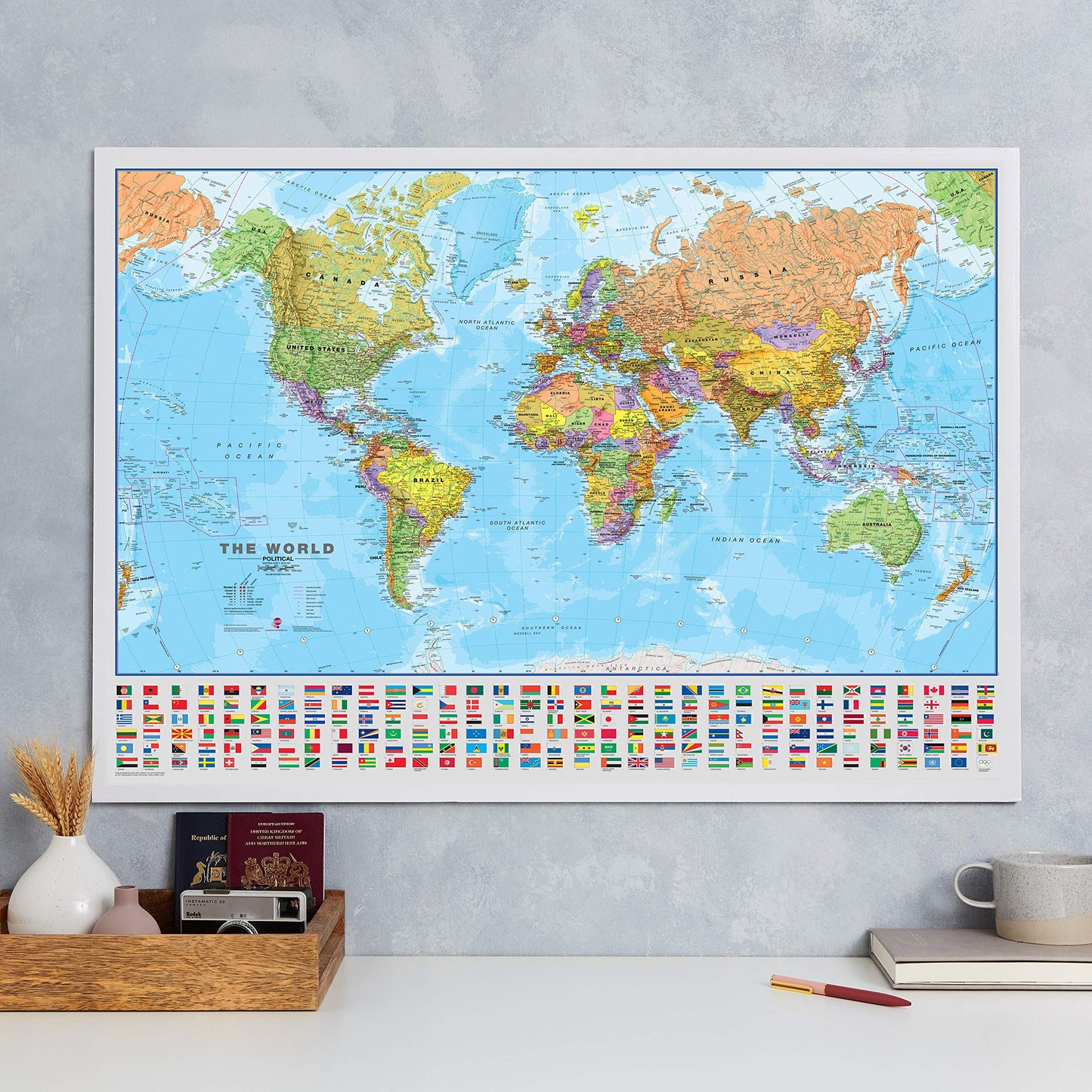 Large World Wall Map (political) - with flags (Large World Map with Flags - 33 x 47 inches