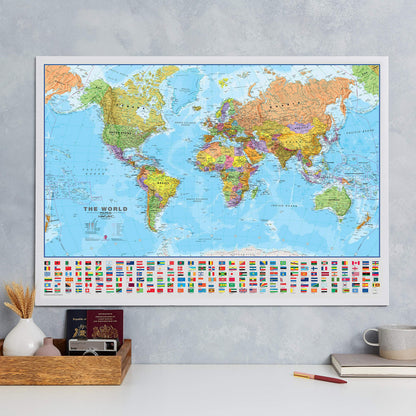 Large World Wall Map (political) - with flags (Large World Map with Flags - 33 x 47 inches