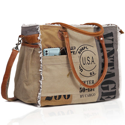 CLA Bags SEL de MER Large Upcycled Canvas & Cowhide Leather Crossbody Tote Handbag for Women (Cream & Grey Color)