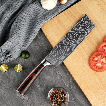 Seido Knives Master 7 Inch Nakiri Knife – High Carbon Stainless Steel Damascus Pattern Blade Full-Tang Balance Ergonomic Pakkawood Handle