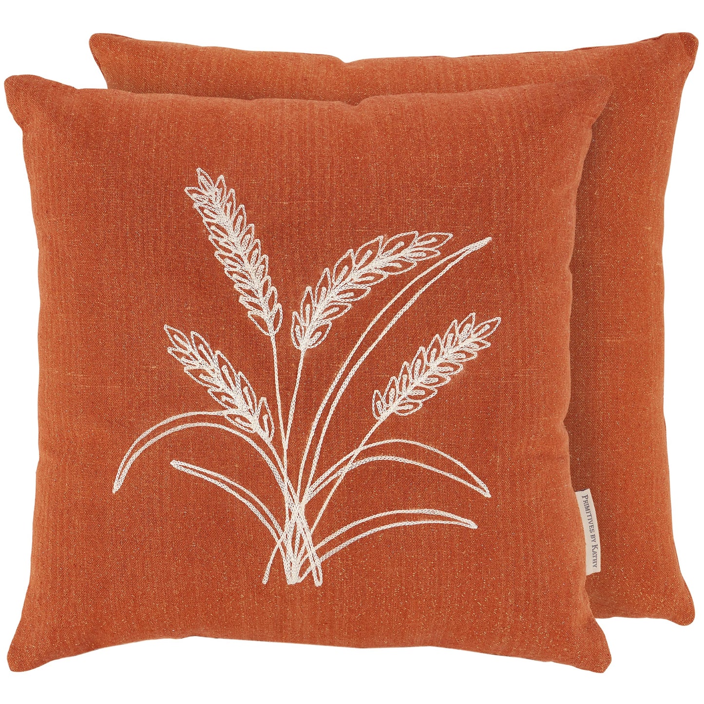 Primitives by Kathy Decorative Throw Pillow, Removable Zipper Cover, 16x16 Orange Pillow wth Harvest Wheat Stalk Design, Textured Chain Stitching, Seasonal Fall Accent for Home Office Dorm Gifting