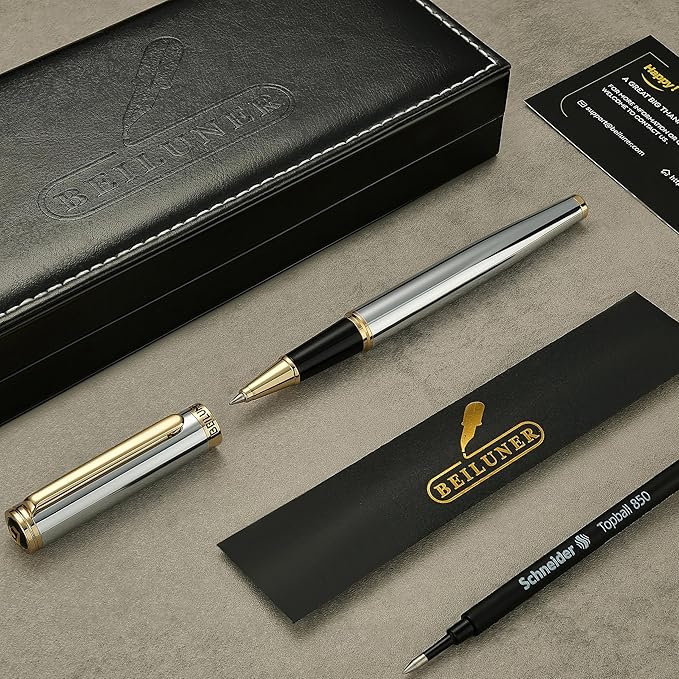 BEILUNER Luxury Rollerball Pen, Stunning Silver Chrome with 24K Gold Finish,Noble and Elegant Designs,Schneider Ink Refill, Best Gift Pen for Men & Women, Professional, Executive Office, Fancy Pens