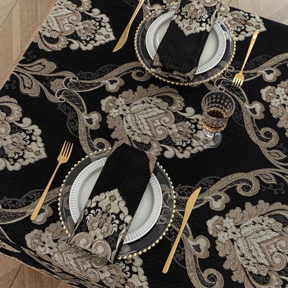 Loom and Mill Black Tablecloth 60 x 120 Inches, Classic Jacquard Rectangle Table Cover with Handmade Tassels for Halloween Dining Room Banquet Decorations (Black, 60"x120")