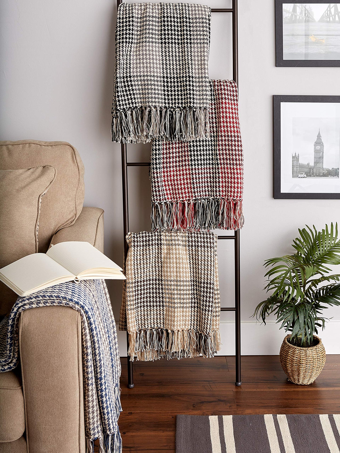 DII California Casual Houndstooth Woven Throw, Dark Brown & Stone, 50x60