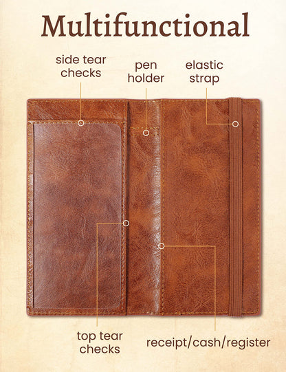 Yarnic Checkbook Cover for Personal Checkbook, Checkbook Holder with Pen Holder & Built-in Clear Plastic Divider for Duplicate Checks (Brown)