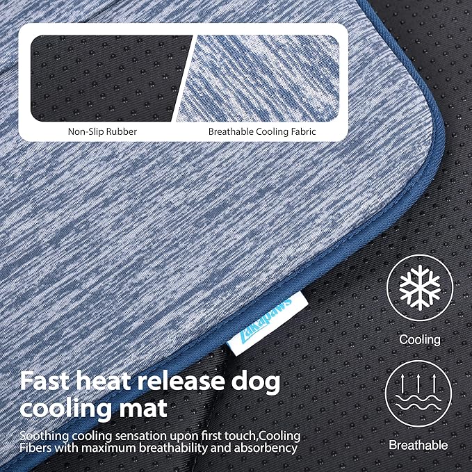 Cooling Dog Mat Q-Max>0.5 - Rapid Cooling Tech, Thin Breathable Crate Pad, Portable Washable Summer Mat, Chill Soothing Fabric - 35"x23" Large Dog, Wander Blue