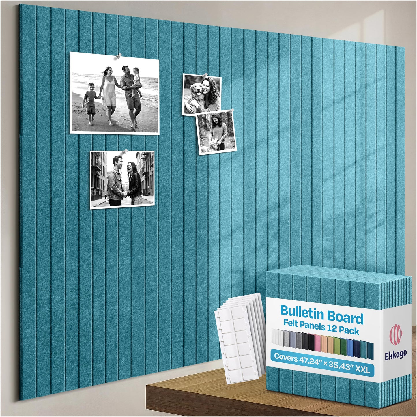 Ekkogo X-Large Cork Board Alternative 12-Pack Felt Bulletin Board Thick and Decorative Pin Board for Home Office Walls 47.24 x 35.43 Inches with 72 Adhesive Tabs - [Light Turquoise]