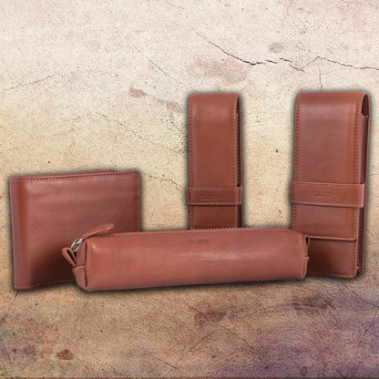 DiLoro Leather Triple Pen Case Pencil Pouch Holder for Three Fountain Ballpoint Rollerball Pens and Pencils (Bugatti Tan)