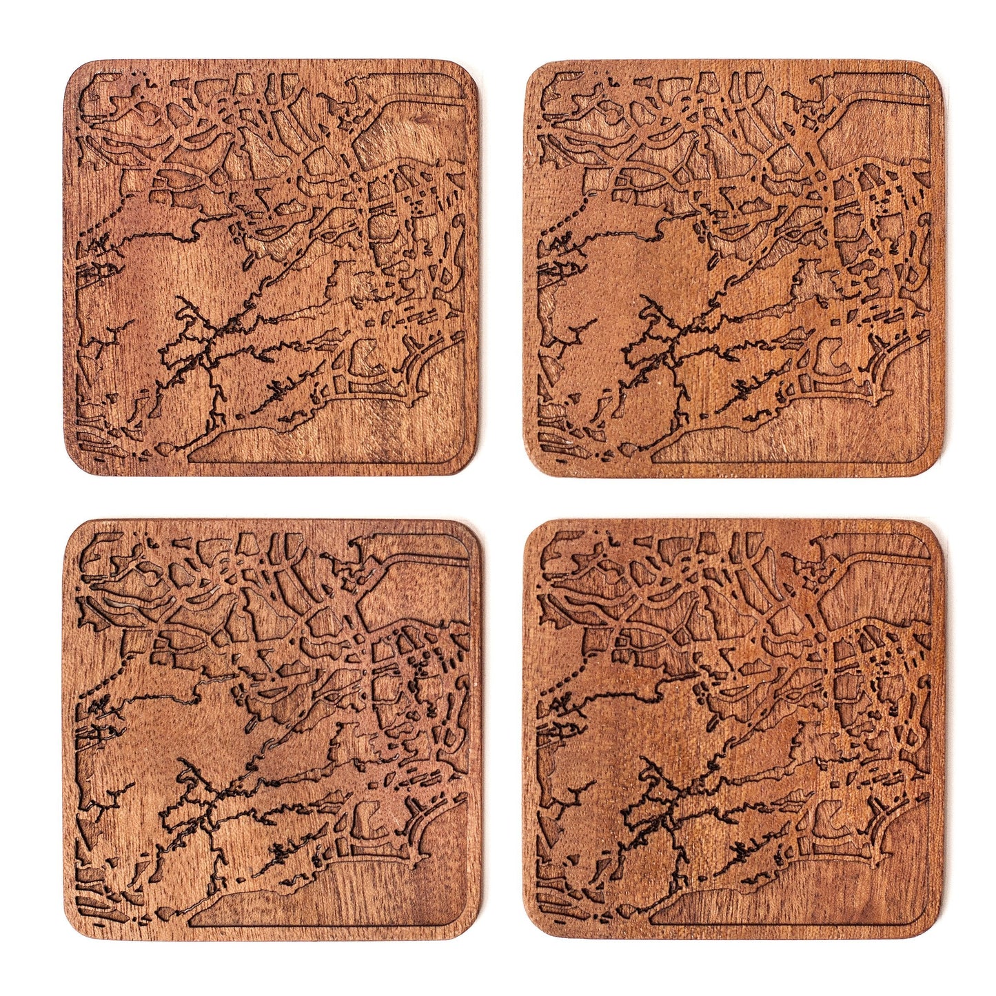 Rio de Janeiro Map Coaster by O3 Design Studio, Set Of 4, Sapele Wooden Coaster With City Map, Handmade