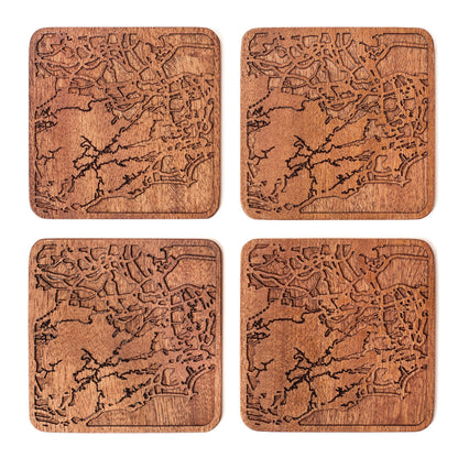 Rio de Janeiro Map Coaster by O3 Design Studio, Set Of 4, Sapele Wooden Coaster With City Map, Handmade