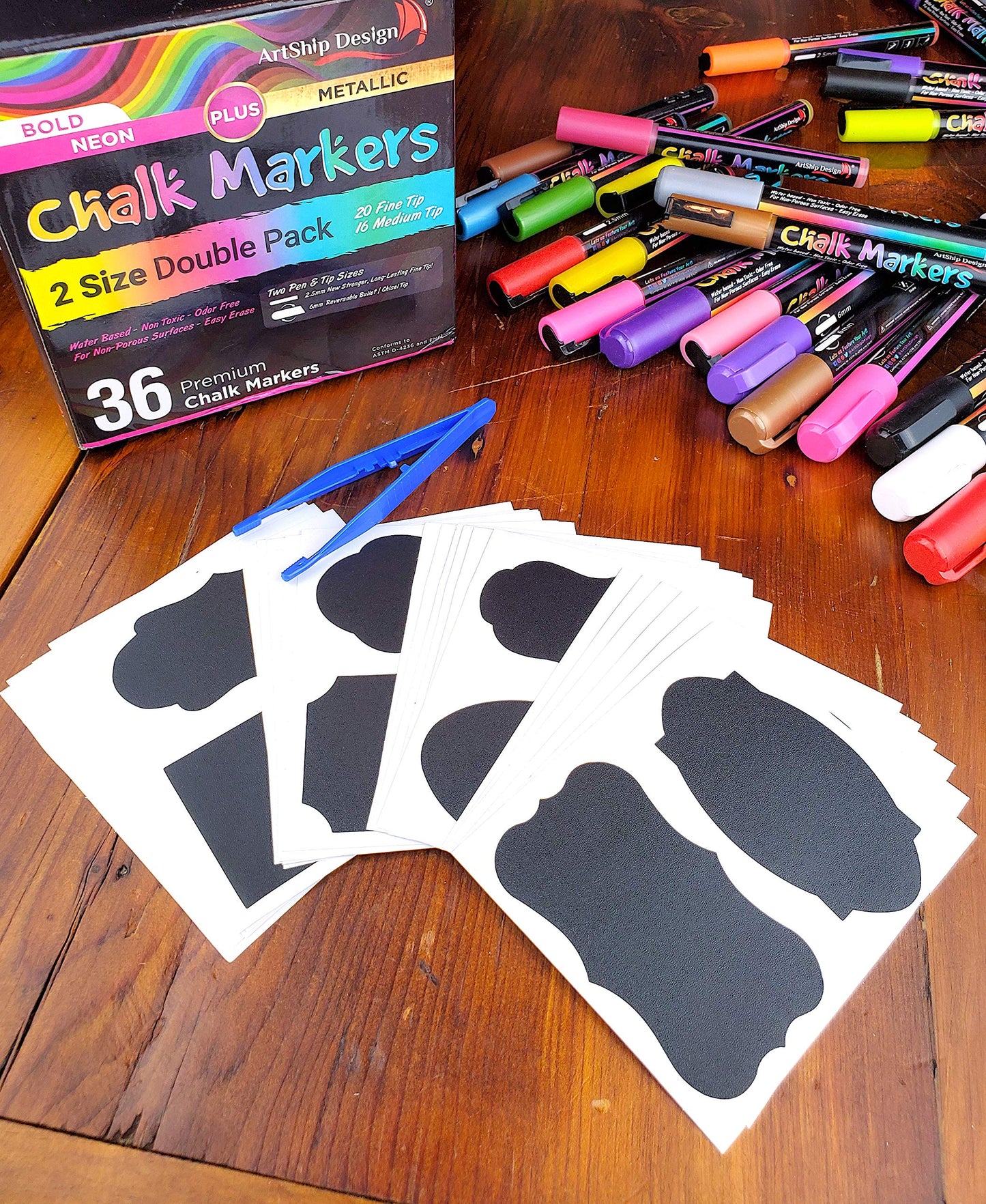 ArtShip Design 36 Chalk Markers Double Pack of Both Fine & Reversible Medium Tip Liquid Chalk Pens with Labels & Tip Tweezers Wet Erase Menu Boards, Windows, Mirrors, Non-Porous Chalkboards, Metal