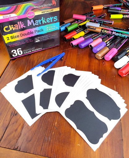 ArtShip Design 36 Chalk Markers Double Pack of Both Fine & Reversible Medium Tip Liquid Chalk Pens with Labels & Tip Tweezers Wet Erase Menu Boards, Windows, Mirrors, Non-Porous Chalkboards, Metal