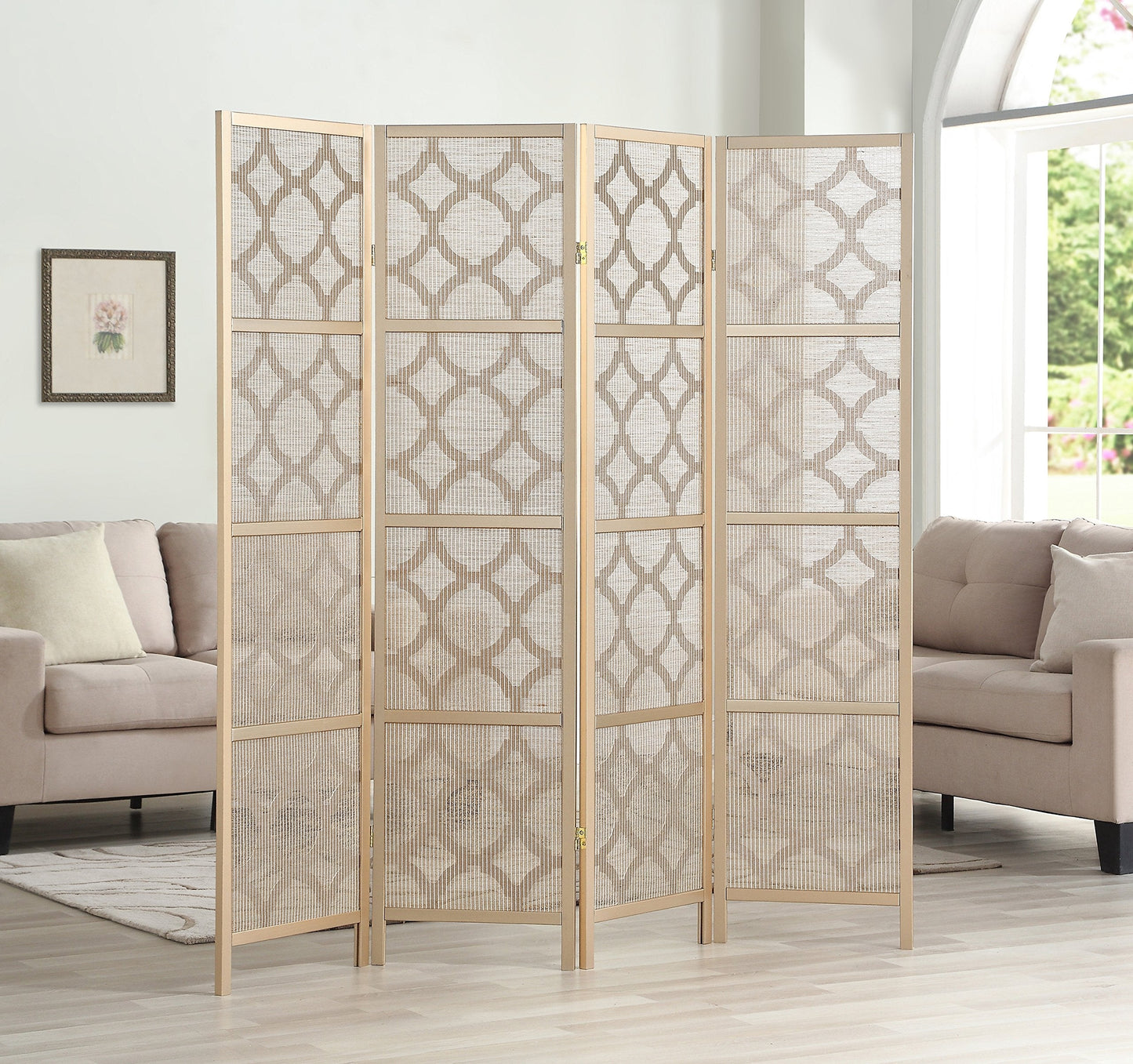 Roundhill Furniture Quarterfoil Infused Diamond Design 4-Panel Room Divider, Gold