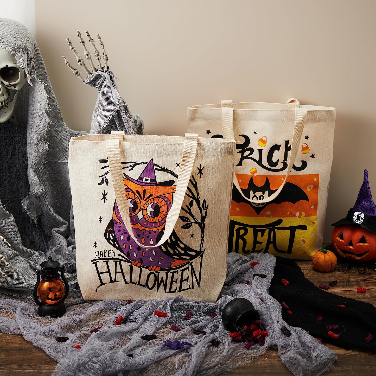 JOYIN 3PCS 13.75” Large Halloween Tote Treat Bags for Trick or Treating, Halloween Goodie Candy Bags, Reusable White Canvas Gift Bag for Kids Party Favor Supplies, Snack Grocery Tote with Handles