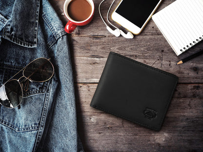 Stealth Mode Black Leather Bifold Wallet for Men With ID Window and RFID Blocking, One Size