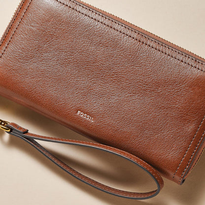 Fossil Women's Logan Leather Wallet, RFID Blocking Wallet for Women, Zip-Around Clutch with Wristlet Strap, Brown